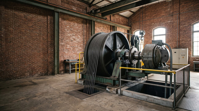 Large heavy duty winch hoist drum mechanism installed within historical industrial brick building.