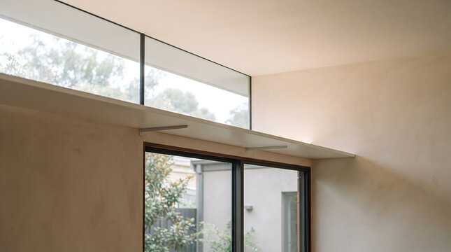 Modern minimalist interior featuring a long clerestory window with natural light and plaster wall.