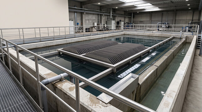 Industrial wastewater treatment plant facility with concrete tanks and clarification equipment.