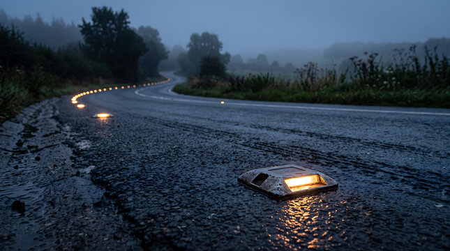 Glowing cat eyes road studs reflecting on a wet curved asphalt highway during foggy dawn hours.