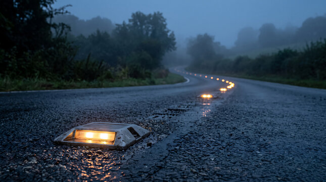Bright yellow cat eyes road studs illuminating a wet winding rural highway on a misty evening.