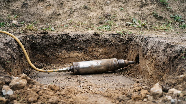 Pneumatic piercing tool positioned in trench for trenchless underground pipe installation.