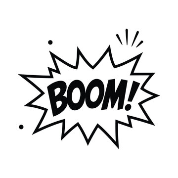 Boom word text in hand drawn comic explosive bubble for pop art action effect vector design illustration