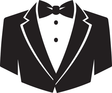 Formal tuxedo jacket with a bow tie displayed as a minimalist graphic style black and white silhouette
