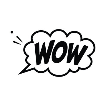 Wow word text in hand drawn comic cloud bubble for pop art surprise effect vector design illustration