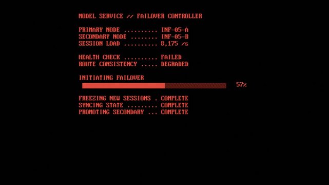 Red CRT terminal showing an AI model service failure followed by automatic failover, state synchronization, secondary node promotion and successful service recovery.