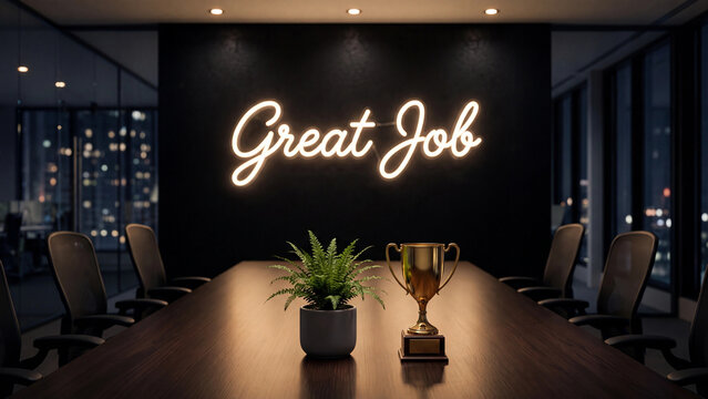 Great job neon sign glowing on a dark wall in a modern meeting room