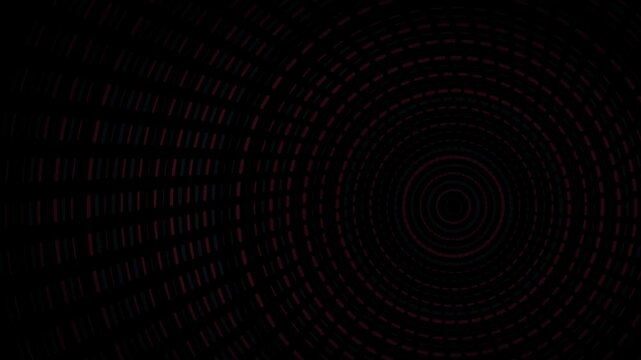 Abstract red and blue neon circular pulse background, with concentric glowing, dashed lines