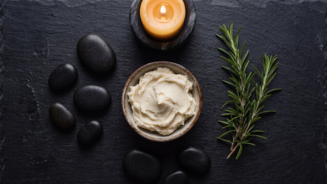 Shea butter in a wooden bowl with black spa stones and a rosemary sprig