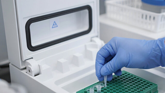 Laboratory researcher preparing samples in a thermal cycler for molecular analysis