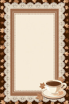 Autumn coffee frame with lace border and leaves.