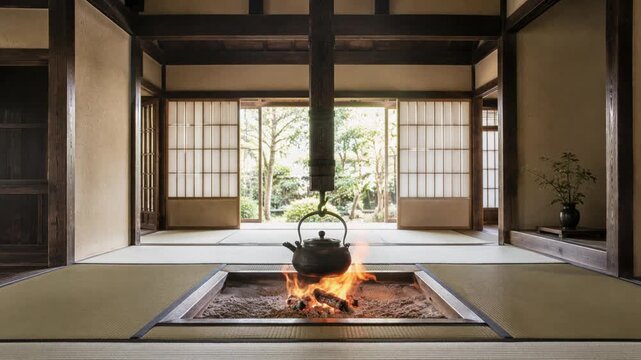 Traditional Japanese Sunken Hearth with Hanging Iron Kettle and Flickering Fire