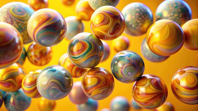 A cluster of iridescent marble spheres suspended amidst swirling hues on a vibrant yellow backdrop