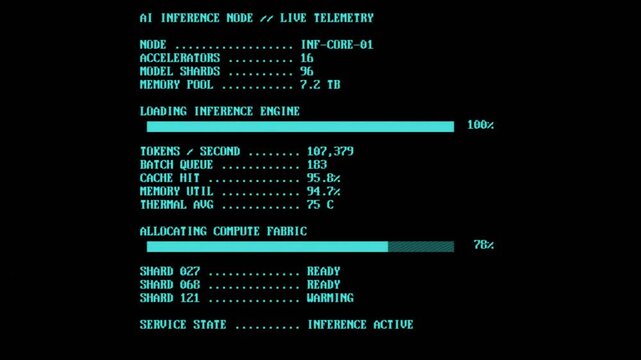Futuristic cyan CRT terminal displaying artificial intelligence inference server telemetry with GPU accelerators, model shards, token throughput, memory utilization and live compute status.