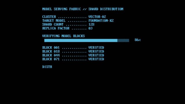 Blue futuristic terminal showing an artificial intelligence model being verified, divided into shards and distributed across synchronized compute nodes for model serving.