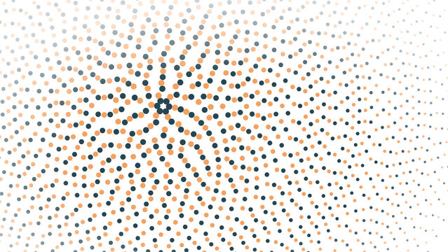 Abstract background, with a radial, pattern of small, dark blue and, light orange circular, dots on a, white background, halftone effect