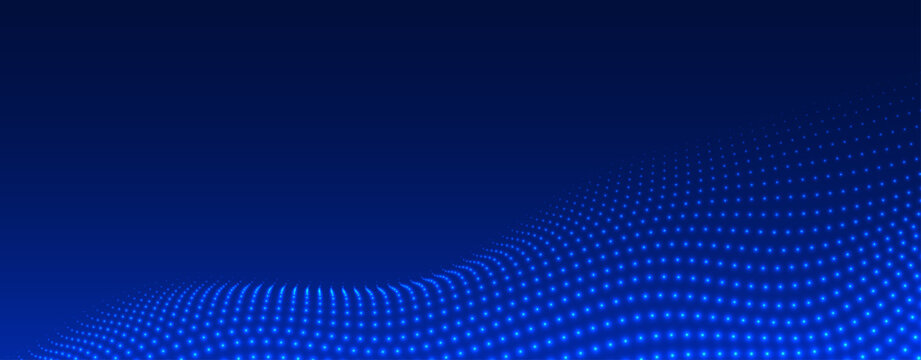 Futuristic technology background with glowing blue dots. Dynamic wave on dark gradient. Digital network for data, innovation, communication or design template. Vector illustration.