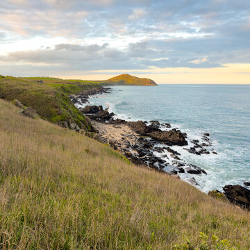 Beautiful landscape scenery on the Heysen Trail near Kings Beach with wild coastal views towards The Bluff in Encounter Bay, South Australia at dusk