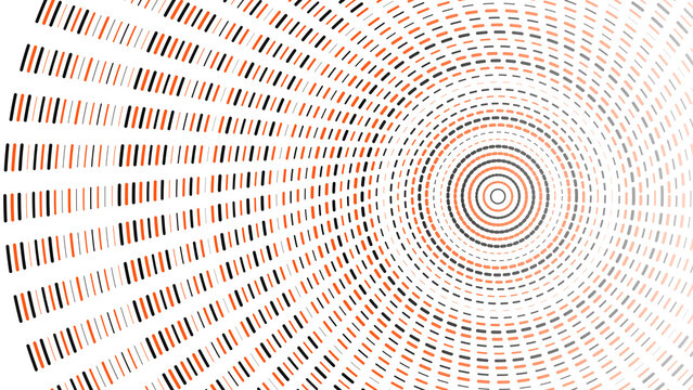 Radial pattern of black and orange dashed lines forming concentric circles, creating a dynamic vortex effect on white background