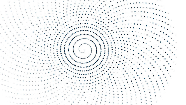 Abstract spiral pattern of glowing blue dots on a dark black background, digital light effect with circular motion and radial symmetry