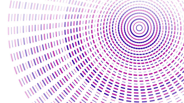 Abstract featuring concentric circles made of purple and pink dashed lines on a black background, for a dynamic, digital light effect