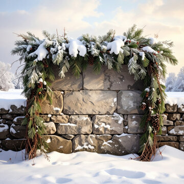 And keywordsSnowy evergreen garland decorates rustic stone wall in peaceful winter landscape, creating festive Christmas scene with natural texture, soft light, and seasonal charm