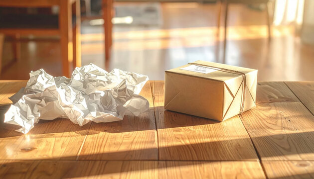 Cardboard package crumpled paper wooden table warm sunlight shipping concept