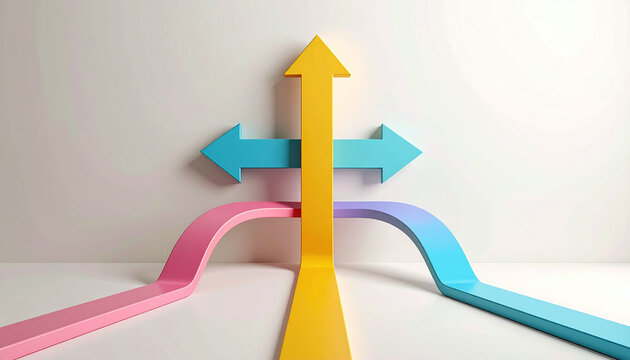 A minimalist 3D rendering showing colorful, converging arrows pointing in multiple directions. Symbolizing choice, strategy, and business growth, this studio shot features nobody. Ideal for design.