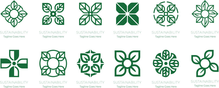 Collection of 12 sustainability logo designs featuring leaves, botanical shapes, and geometric eco symbols for environmental, organic, green energy, and eco-friendly branding.