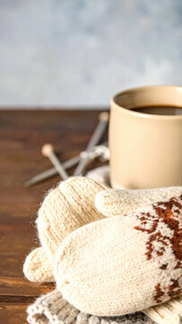 Wool mitten, coffee cup, yarn ball, and knitting needle on wooden table create warm winter still life with cozy handmade texture and seasonal comfort for holiday imagery
