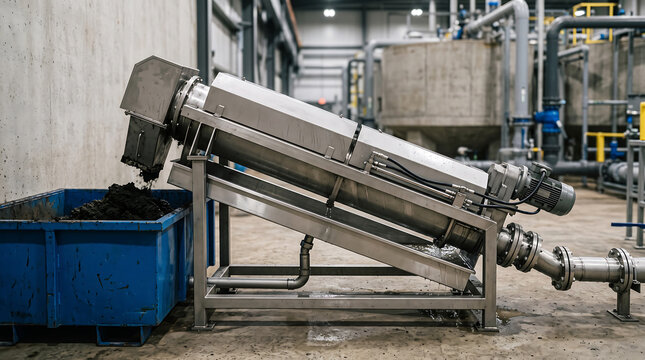 Stainless steel screw press dewatering machine processes organic sludge in industrial facility.