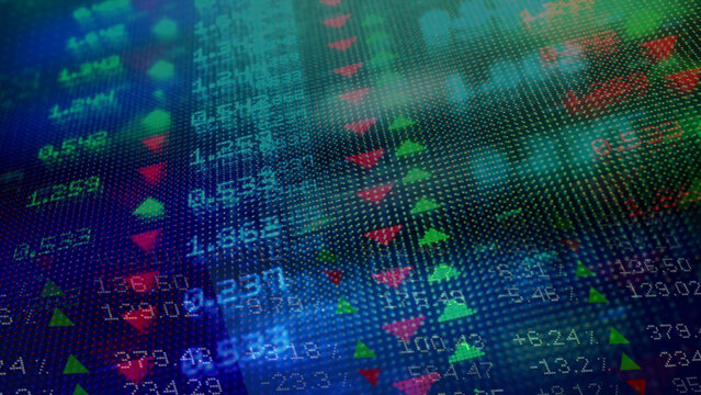 Financial data, close-up of a digital stock market LED ticker board screen showing fluctuating stock prices and arrows, Stock exchange development, capital market investments, analytics technology