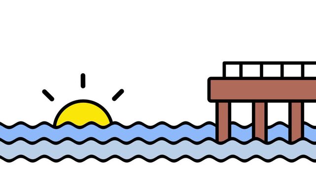 Calming blue water scene with a rising golden sun and a wooden pier silhouette stretching quietly across the flat horizon line ideal for nature travel