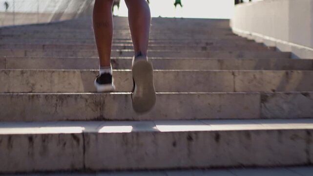 Close-up of a Black African American woman running up outdoor stairs during an urban fitness workout.
