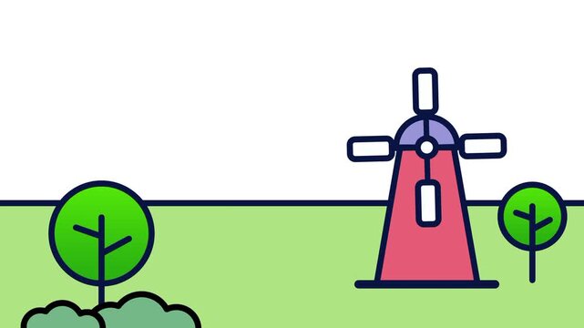 Peaceful green countryside landscape featuring a pink and white windmill flanked by two leafy trees under a bright open blue sky ideal for nature
