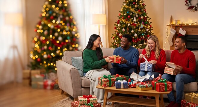 Happy diverse friends exchanging Christmas gifts at home. Young men and women opening presents by decorated tree in cozy living room. Holiday celebration and friendship concept.