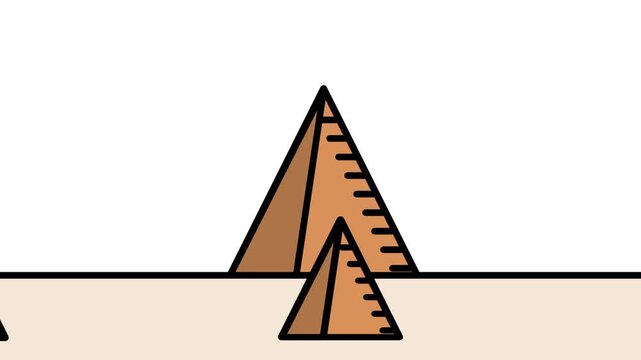 Desert landscape featuring three sandy triangular pyramids of different sizes standing tall under a clear open golden evening sky ideal for nature
