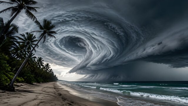 Category Five Hurricane Approaching Empty Tropical Coastline With Enormous Rotating Storm Clouds and Ocean Waves