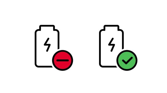 Two flat battery icons displayed side by side one marked with a red minus symbol and the other with a green checkmark symbol ideal for nature travel