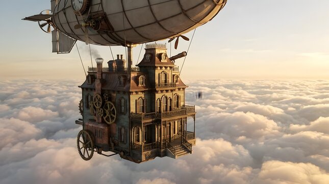 Flying steampunk house floating above white clouds.