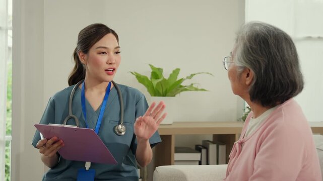 Elderly caregiver nursing home care support consultation with senior woman clinic interior, calm communication between nurse and elderly woman bright room, home visit conversation with medical support