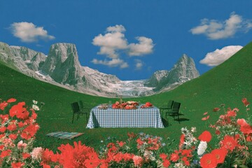 Naklejka premium Picnic table in surreal mountain valley with wildflowers