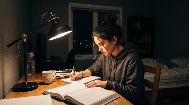 Young woman studying late at night at her desk with a lamp