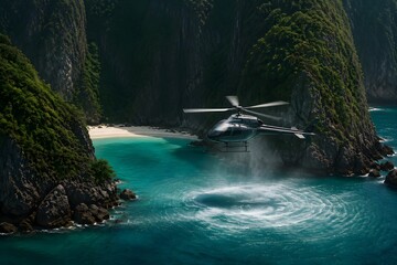 Obraz premium Helicopter Hovering Above Secluded Turquoise Bay Surrounded by Steep Green Cliffs With Realistic Rotor Wash