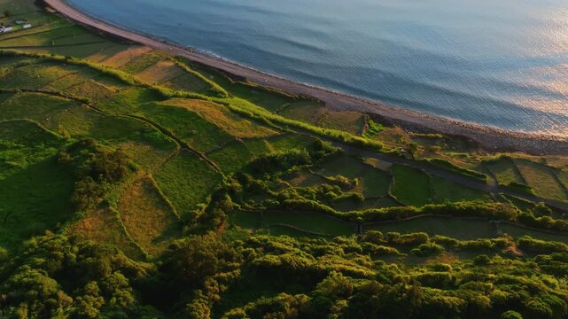 Stunning aerial drone high-angle shot of a picturesque ocean bay at golden hour, featuring volcanic stone-walled green pastures sloping down to a pebble beach with a sparkling sea surface, radiating a