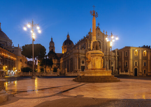 Piazza del Duomo with Elephant Fountain at Blue Hour in Catania, Sicily, Italy