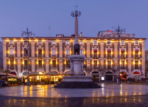 Piazza del Duomo with Elephant Fountain at Blue Hour in Catania, Sicily, Italy