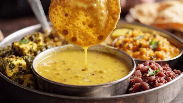 Hand dipping papadum into Indian dal curry with paneer and beans