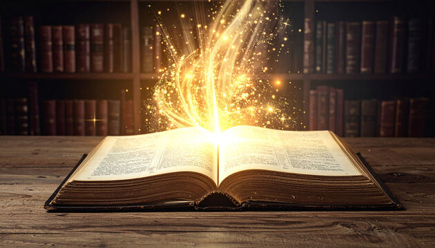 An open, mystical book glows with golden light and magic sparkles on a wooden table in an ancient library. No people are present, evoking wonder, discovery, and the power of imagination.