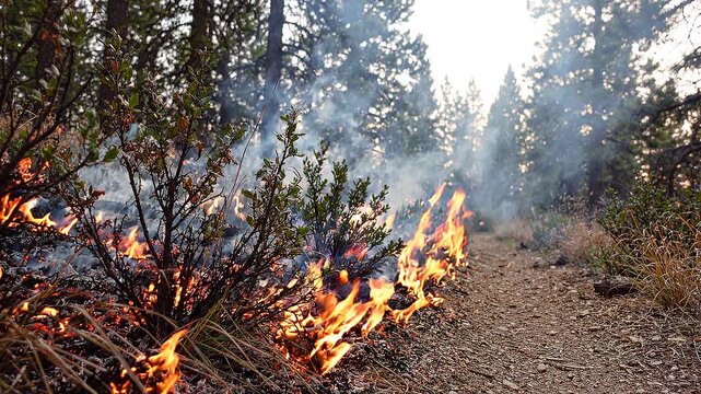 Forest fire burning along a dirt path with smoke rising through trees